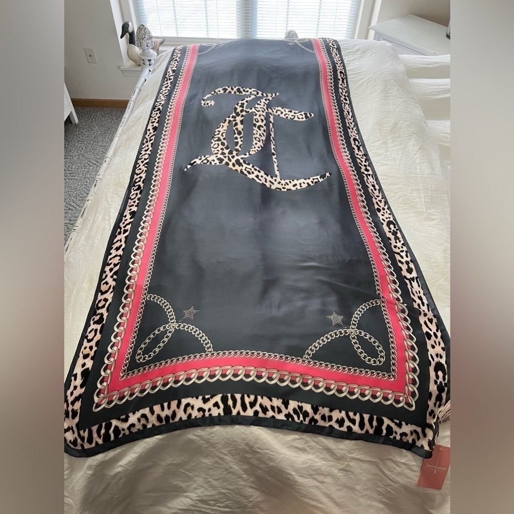 Juicy Couture Long Silky Scarf | Large Logo | Multi Color Leopard Print | NWT.